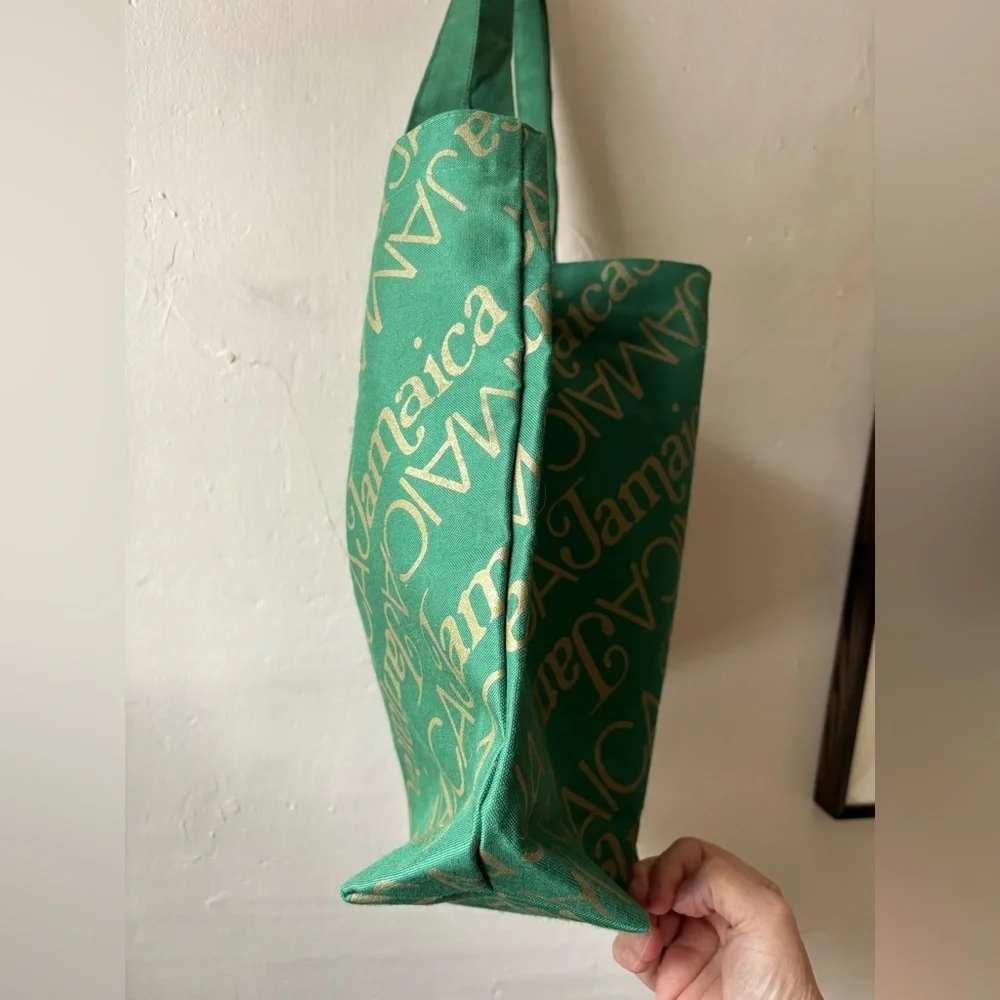 Vintage Deadstock Jamaica Green & Gold Canvas Tote Beach Bag